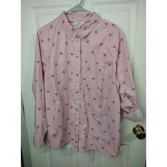 Croft&Barrow Woman 2X Shirt Pink Yellow Floral Collared Button Roll Tab Sleeve - Picture 1 of 10